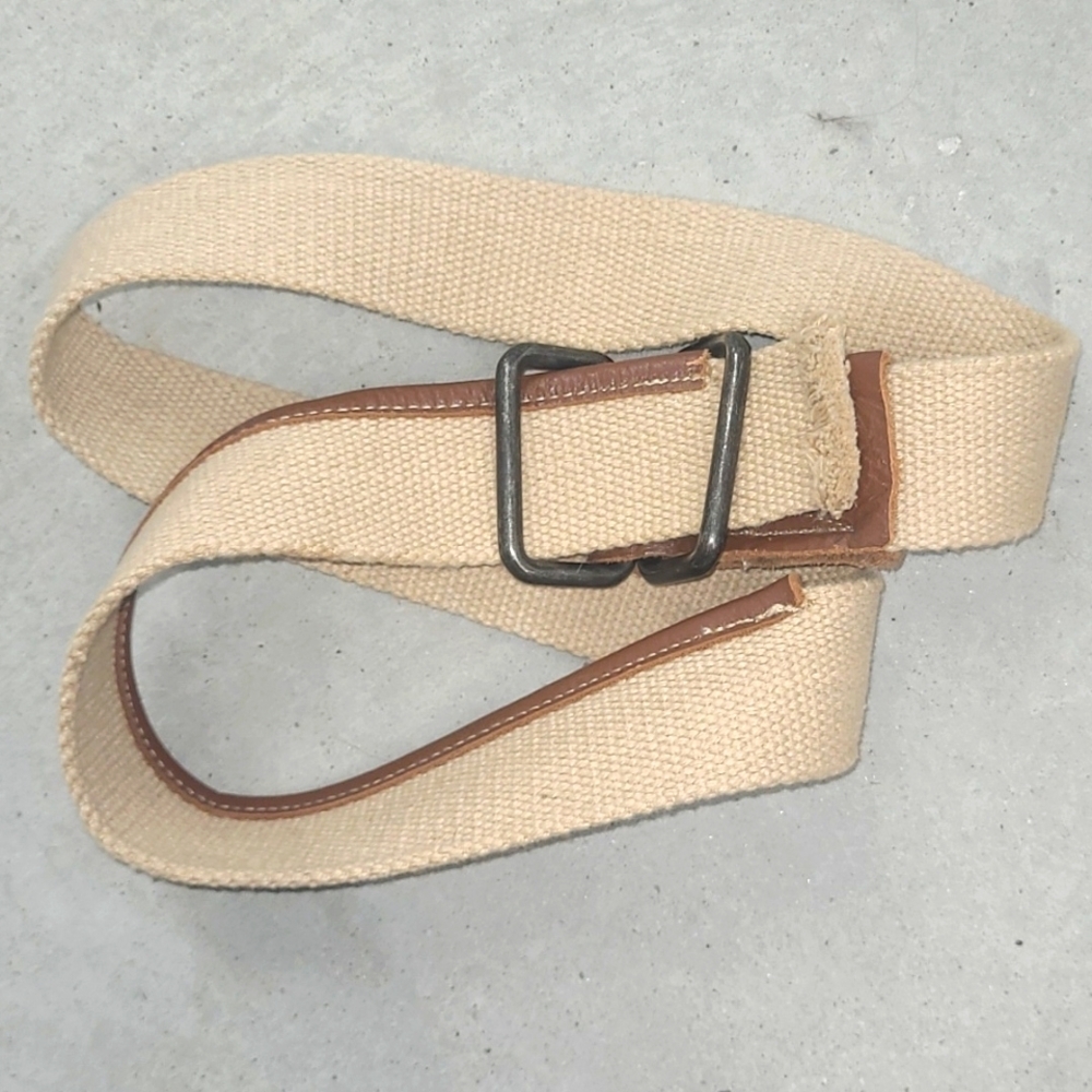 Belt 40" tan beige cotton canvas leather trim metal buckle Size Large
